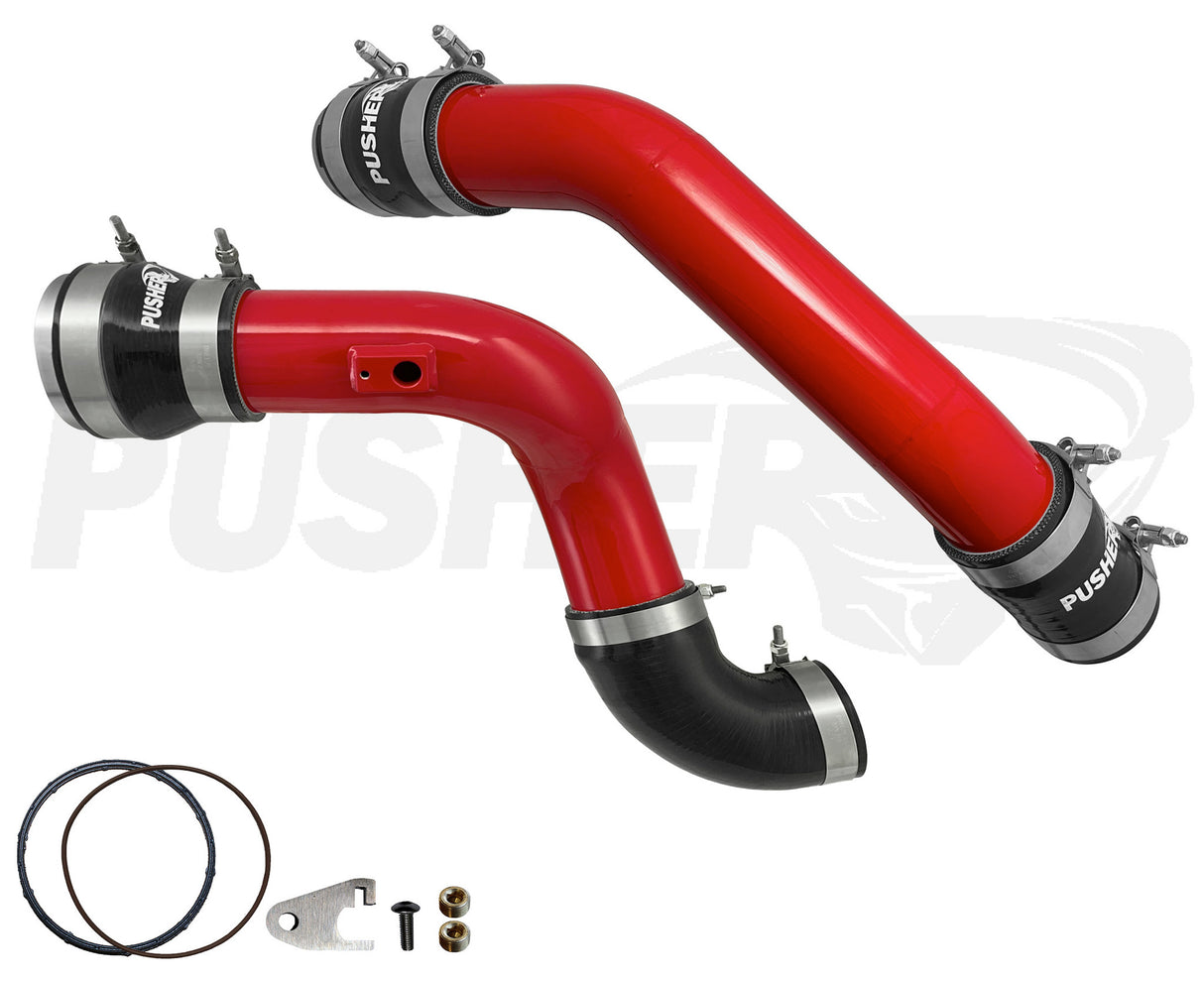 Pusher 3" Hot and Cold Side Charge Tube Set w/ Throttle Valve Adapter for 2023-2026 Ford 6.7L Powerstroke - Two Piece Hot Pipe, Gloss Red