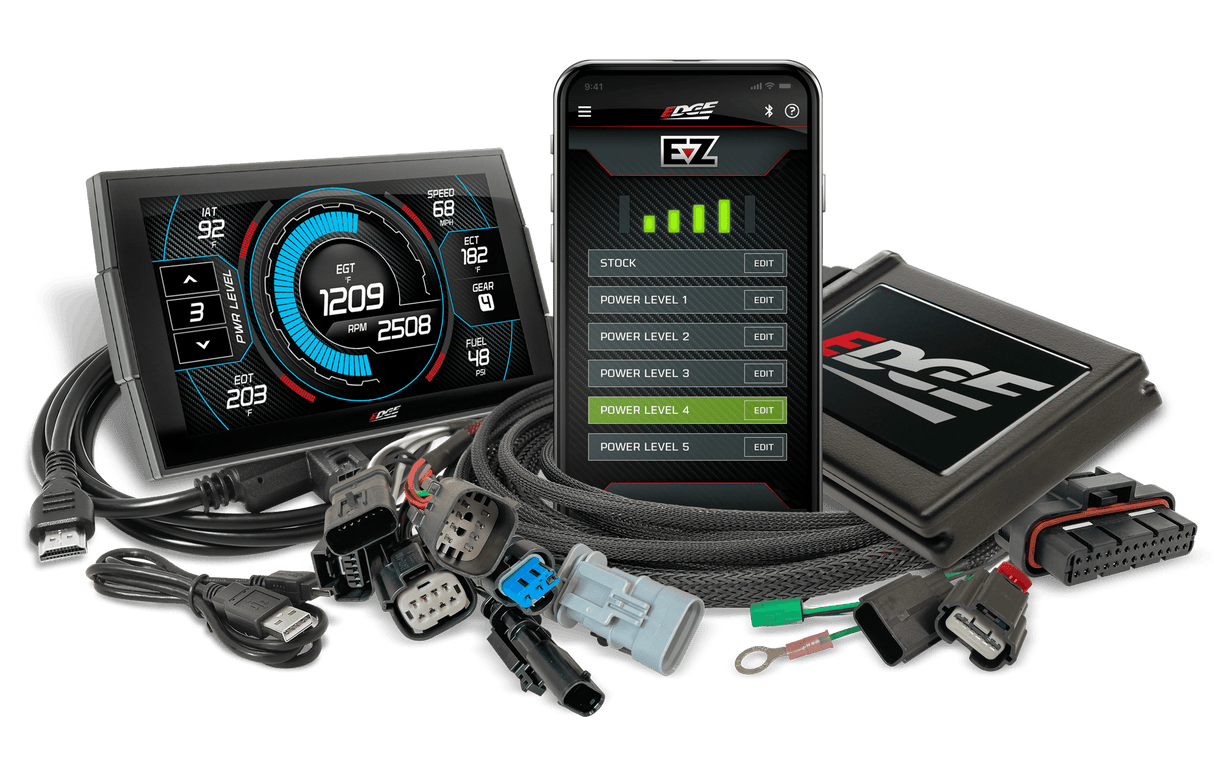 Edge EZ with Insight CTS3 kit for 2024-2026 GM 6.6L L5P Duramax, showing the CTS3 monitor, EZ module, wiring harness, cables and the EZ smartphone app
