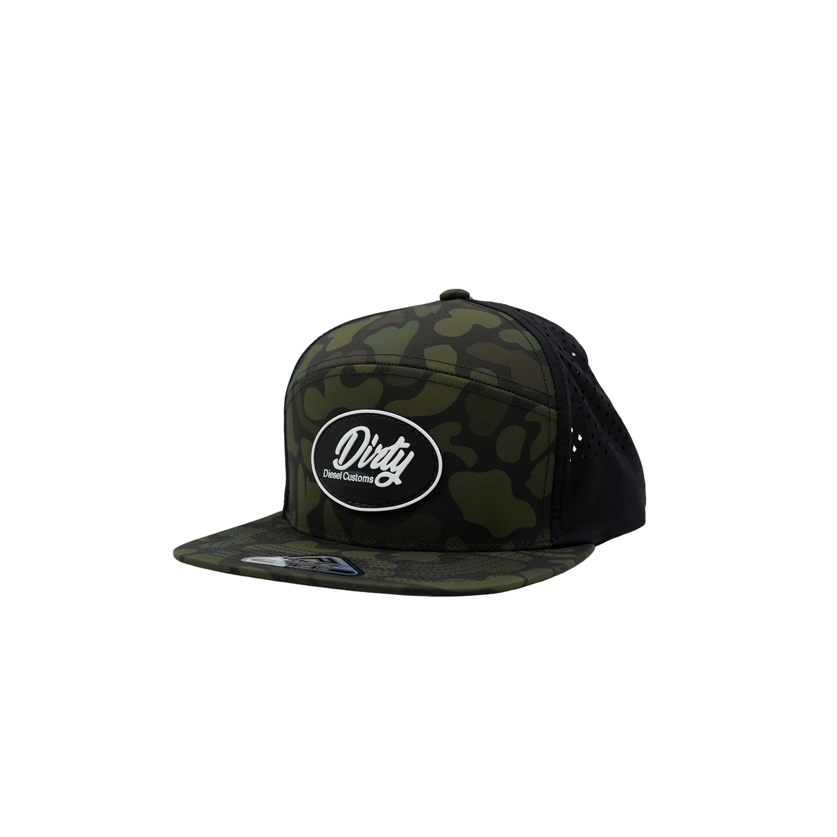Dirty Diesel Weekender snapback in woodland camo, front view with silicone Dirty patch