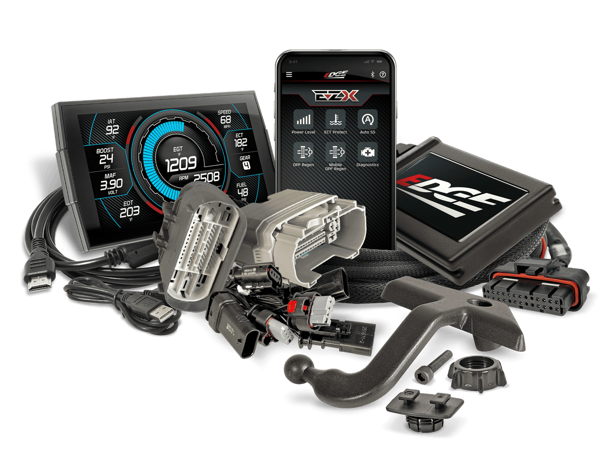 Edge EZX and Insight CTS3 kit for 2022.5-2025 GM 1500 3.0L Duramax, showing the CTS3 monitor, EZX module, A-pillar mount, wiring harness and cables