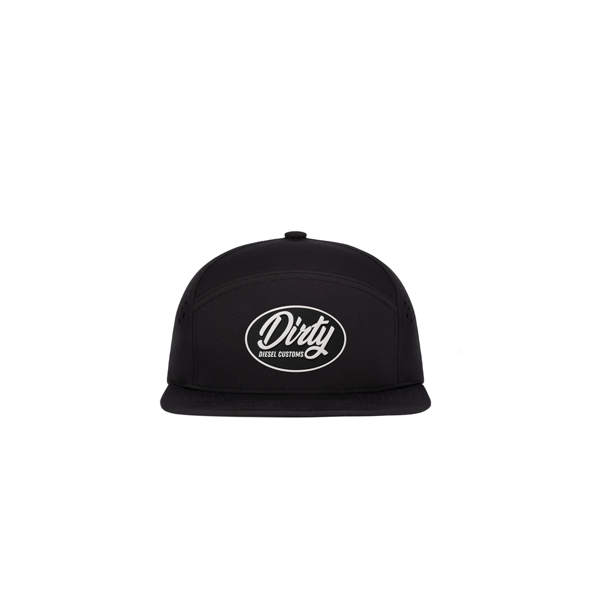 Dirty Diesel Weekender snapback in black, angled view showing perforated side panels