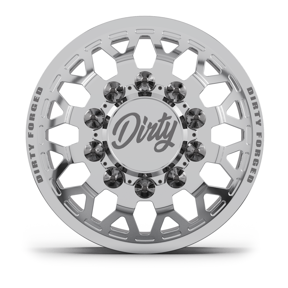 Dirty Forged Crown dually wheel set, front wheel, face-on view