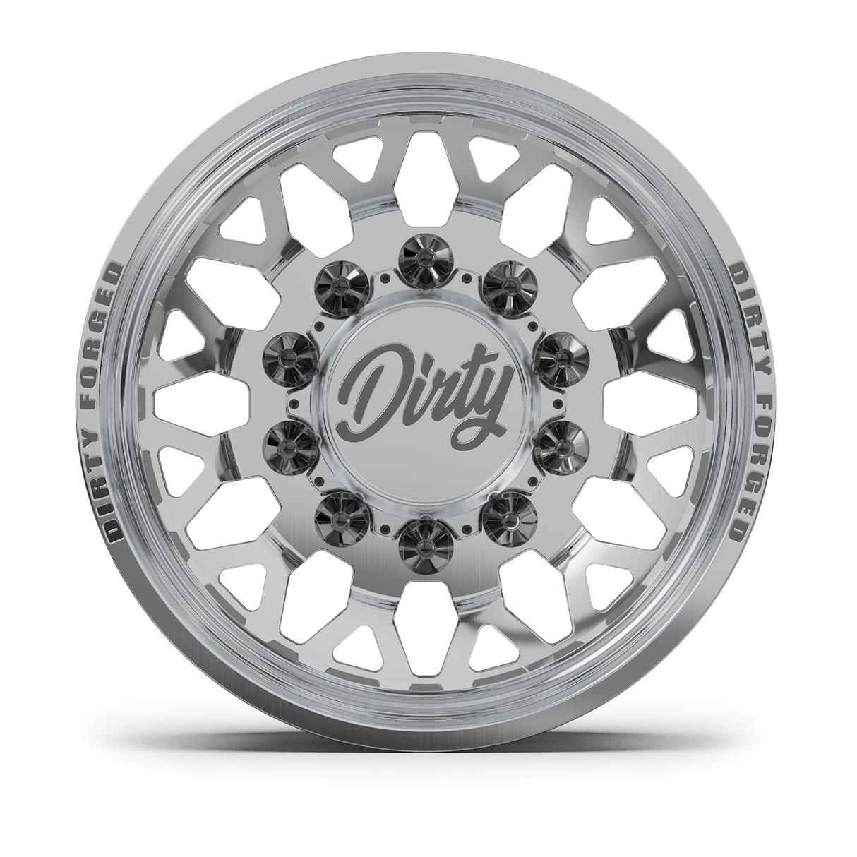 Dirty Forged Crown dually wheel set, rear wheel, face-on view