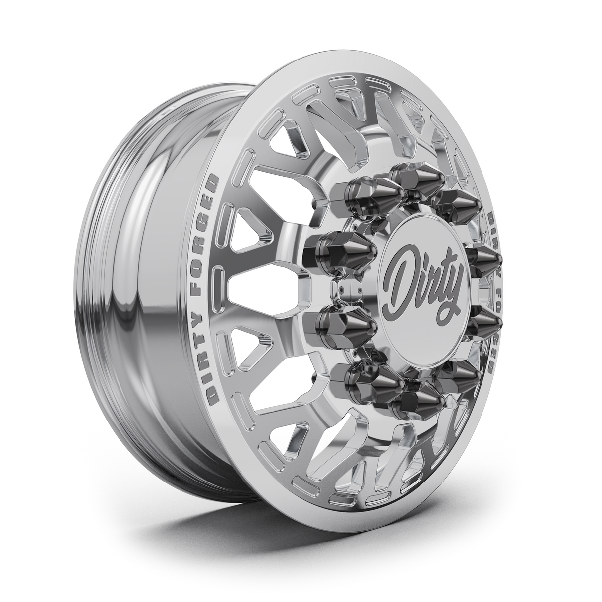 Dirty Forged Crown dually wheel set, front wheel, angled view