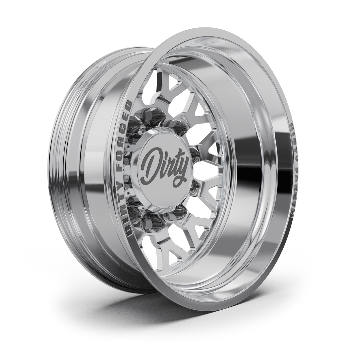 Dirty Forged Crown dually wheel set, rear wheel, angled view