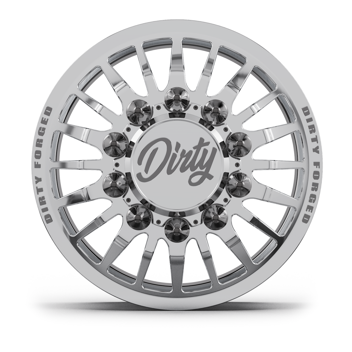 Dirty Forged Radium dually wheel set, front wheel, face-on view