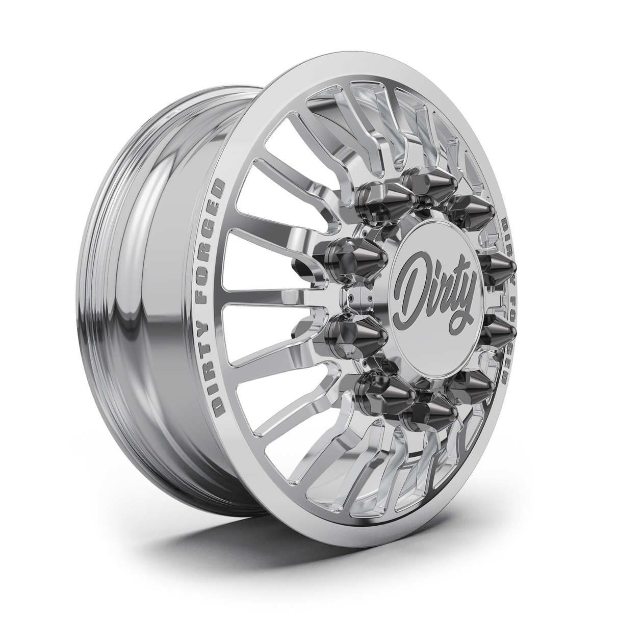 Dirty Forged Radium dually wheel set, front wheel, angled view