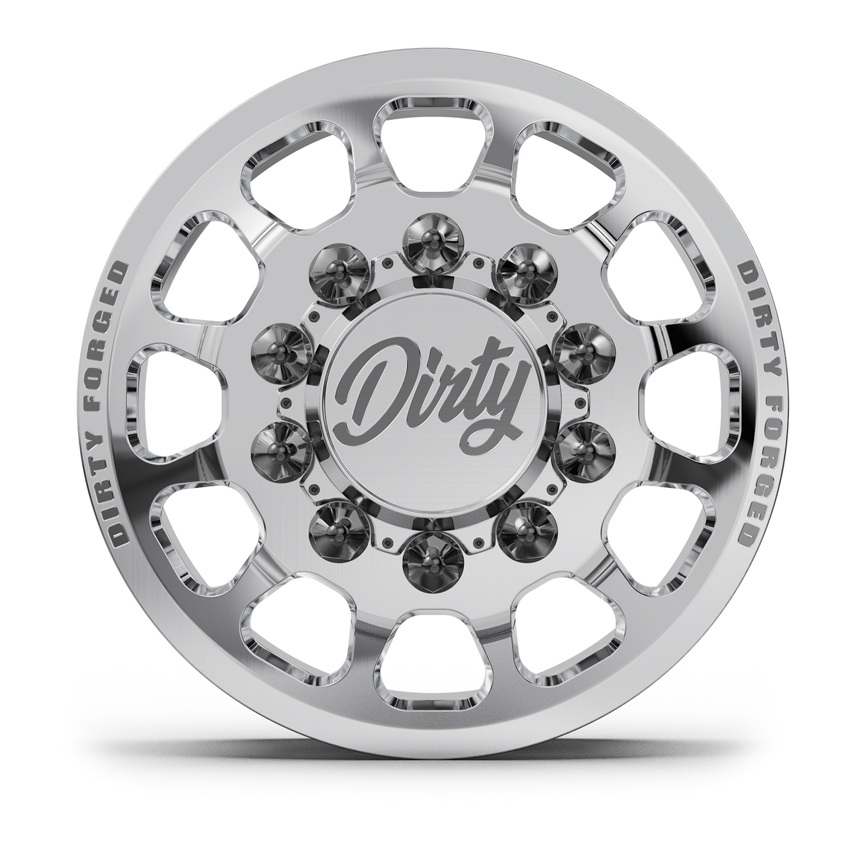 Dirty Forged Roadstar dually wheel set, front wheel, face-on view