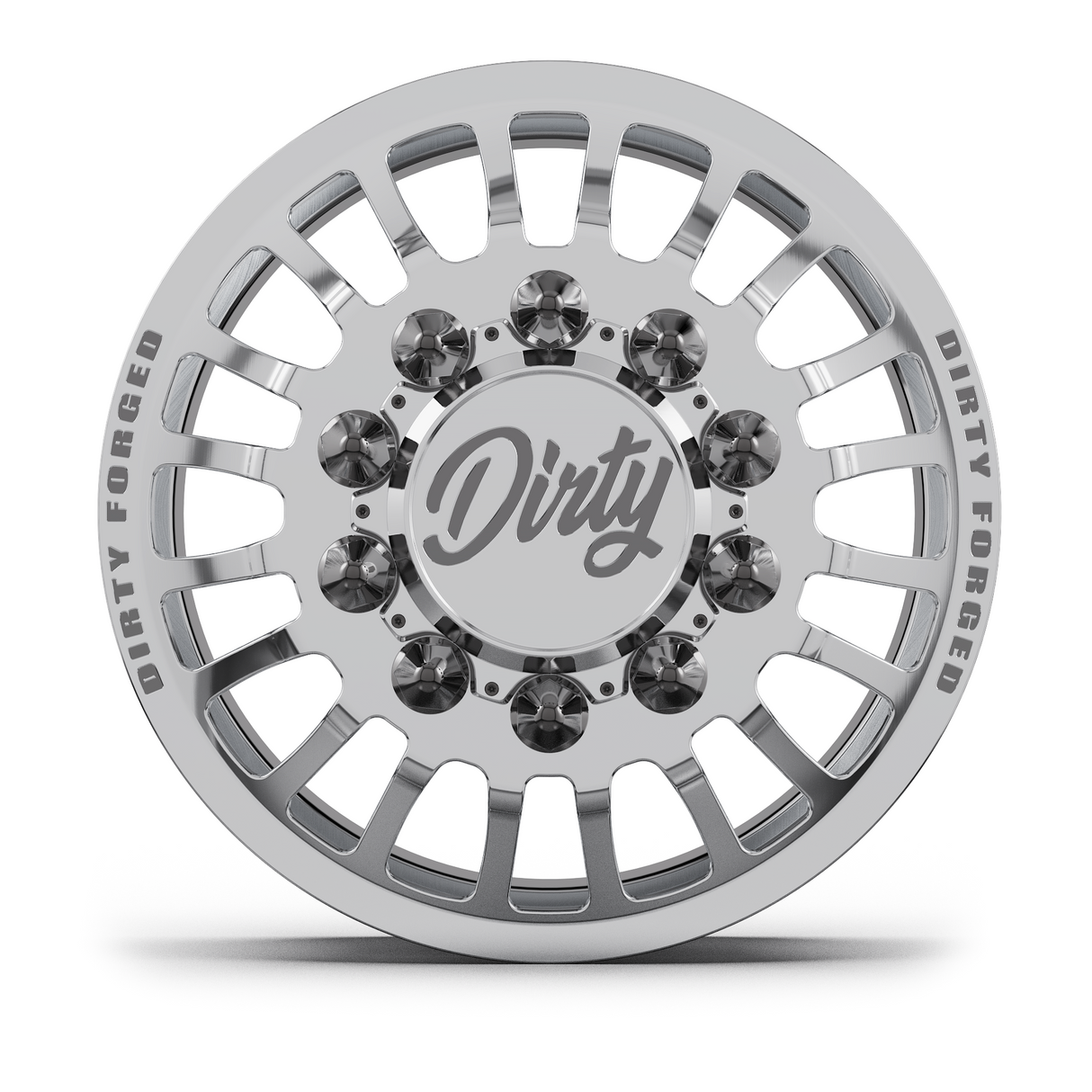 Dirty Forged Roman dually wheel set, front wheel, face-on view