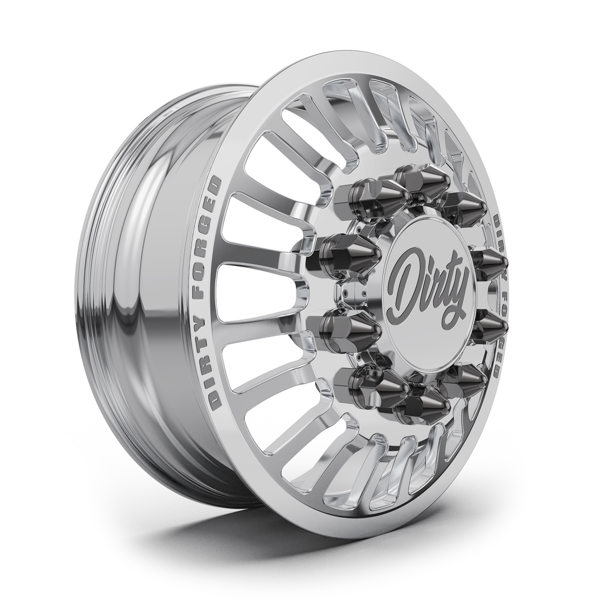 Dirty Forged Roman dually wheel set, front wheel, angled view