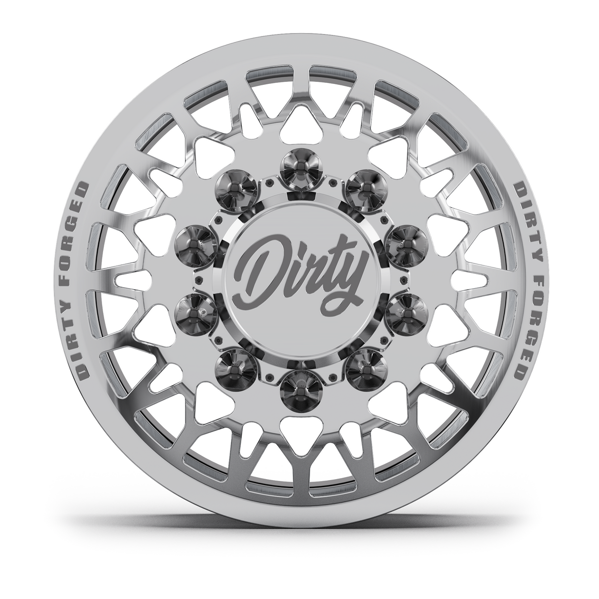 Dirty Forged Variant dually wheel set, front wheel, face-on view