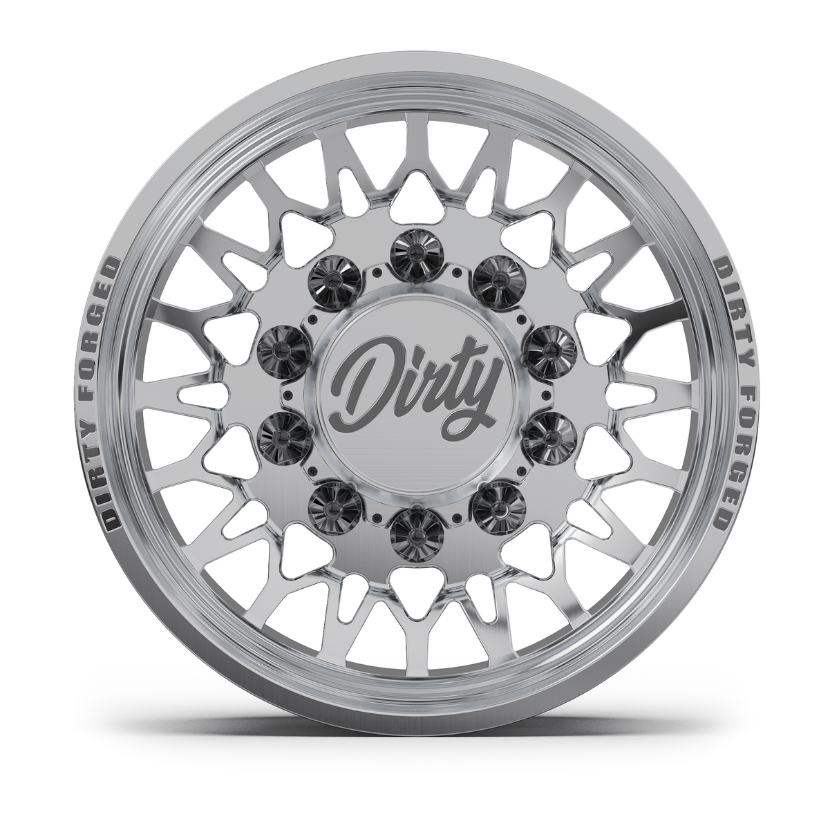 Dirty Forged Variant dually wheel set, rear wheel, face-on view