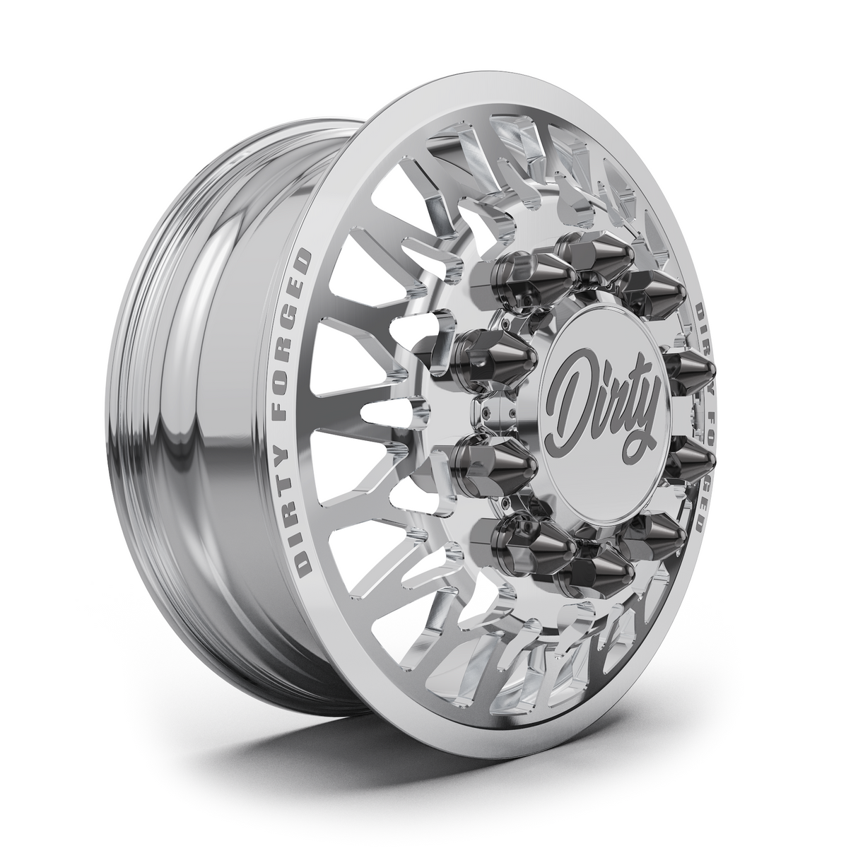 Dirty Forged Variant dually wheel set, front wheel, angled view