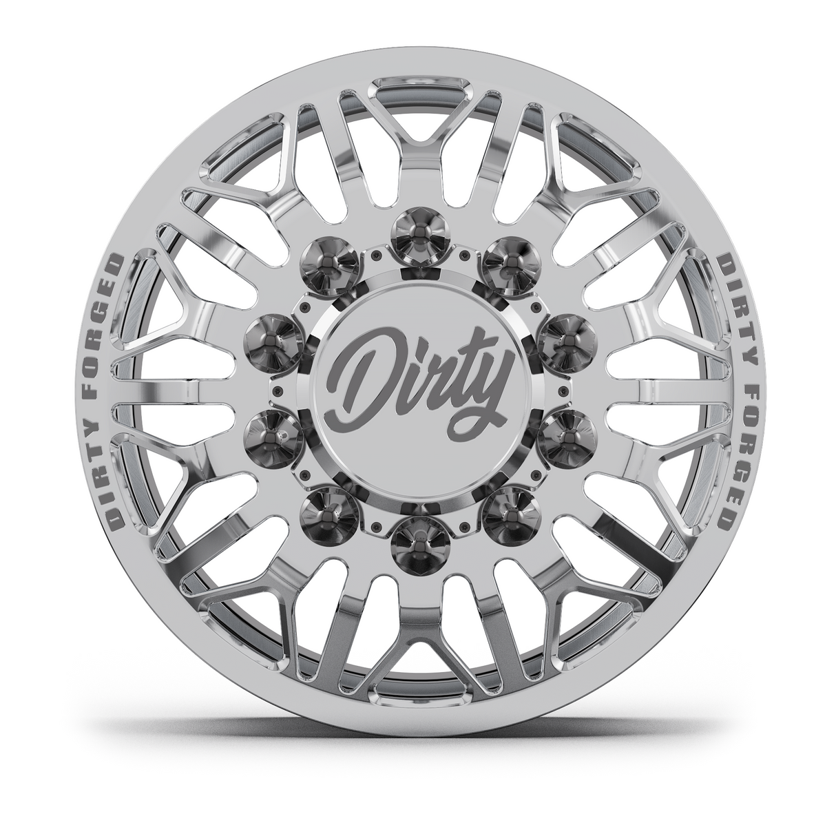 Dirty Forged Voyager dually wheel set, front wheel, face-on view
