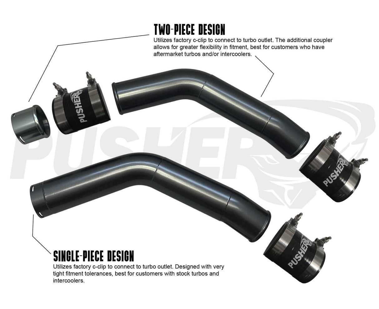 Pusher 3" Hot and Cold Side Charge Tube Set w/ Throttle Valve Adapter for 2023-2026 Ford 6.7L Powerstroke - Single Piece vs Two Piece Hot Pipe Comparison