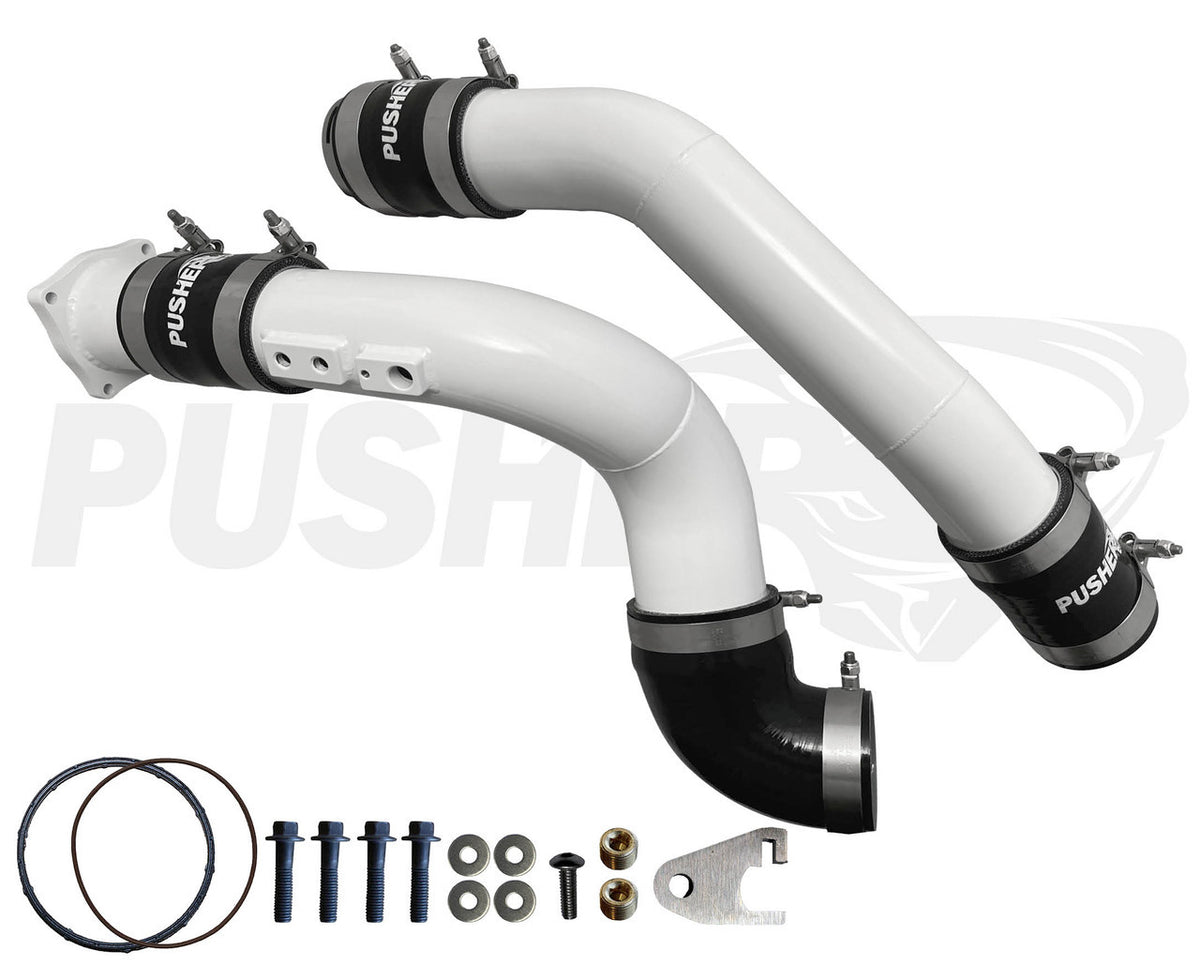 Pusher 3" Hot and Cold Side Charge Tube Set w/ Throttle Valve Replacement for 2023-2026 Ford 6.7L Powerstroke - Gloss White (Two Piece Hot Pipe shown)