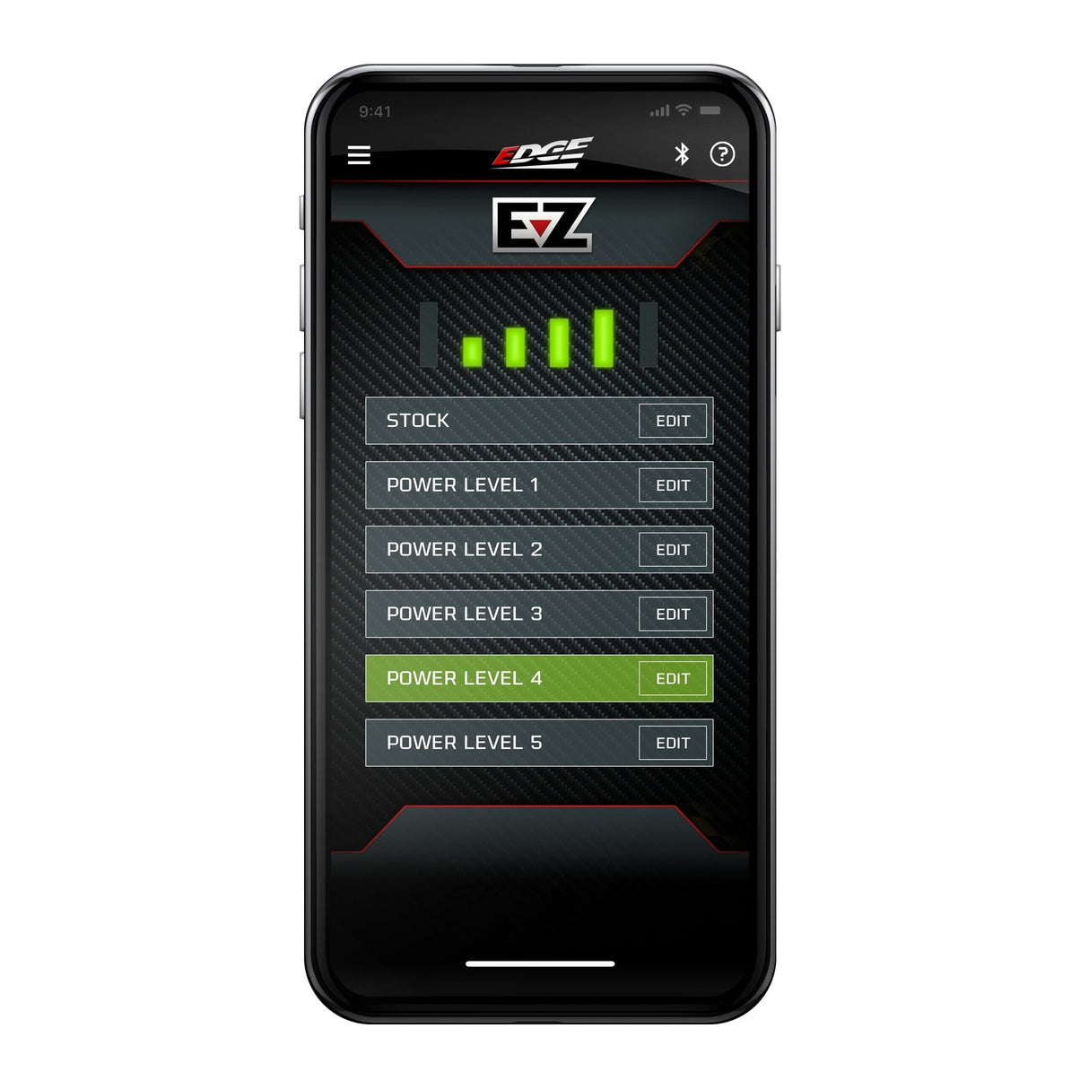 Edge EZ smartphone app showing the five selectable power levels for the L5P Duramax