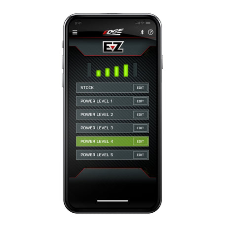 Edge EZ smartphone app showing the five selectable power levels for the L5P Duramax