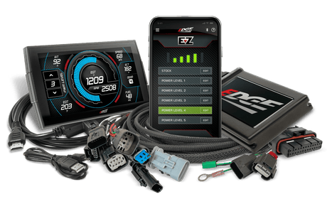 Edge EZ with Insight CTS3 kit for 2024-2026 GM 6.6L L5P Duramax, showing the CTS3 monitor, EZ module, wiring harness, cables and the EZ smartphone app