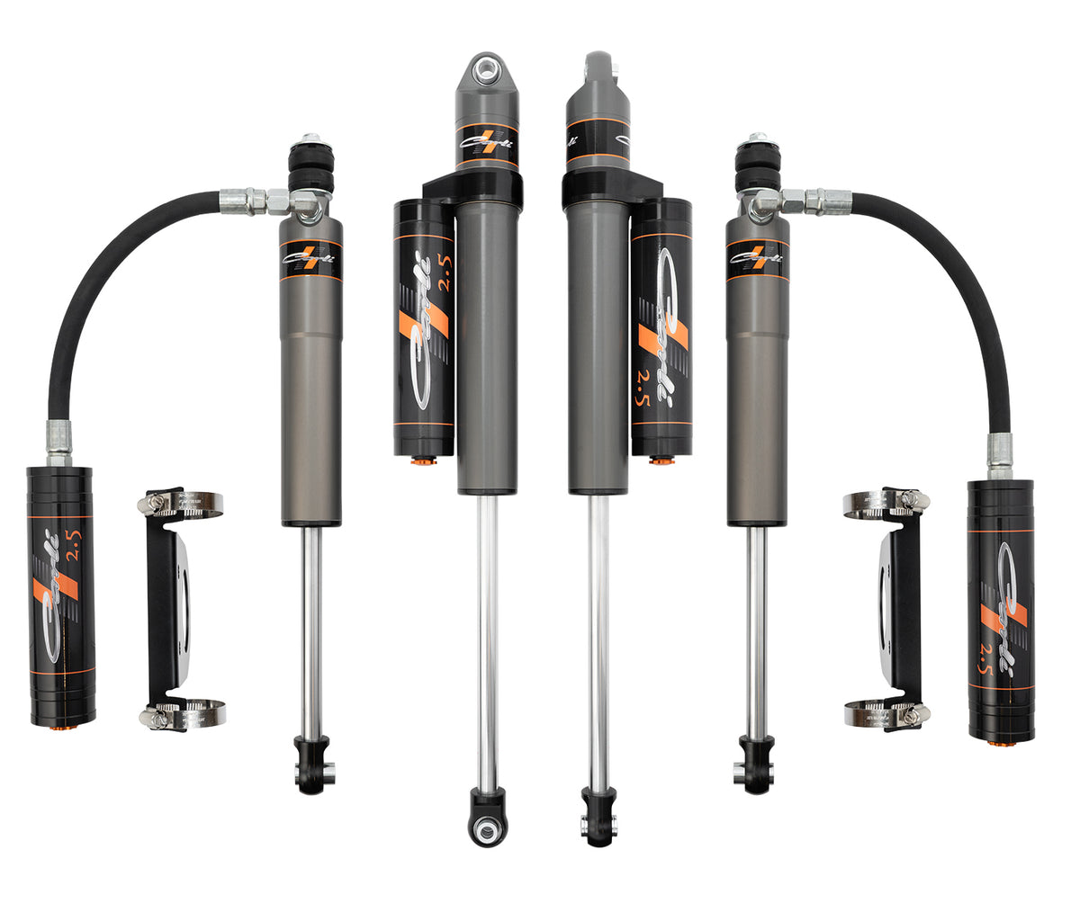 2011-2026 F-250/F-350 Gas Carli Pathfinder 2.5 Level Height Remote Shocks & Reservoir Mounts (CS-FLVLSPKG-CS25RR-B)