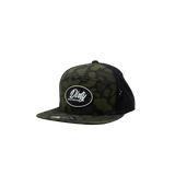 Dirty Diesel Weekender snapback in woodland camo, front view with silicone Dirty patch