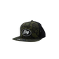Dirty Diesel Weekender snapback in woodland camo, front view with silicone Dirty patch