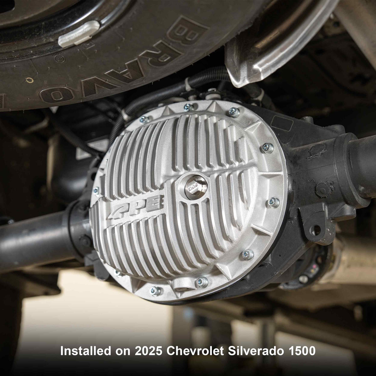 PPE 9.5 inch SU8 rear differential cover, raw finish, installed on a GM 1500