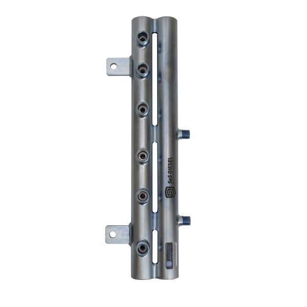 S&S Diesel Double-Barrel Fuel Rail RAIL-DBL-BRL - standalone bare rail showing injector and auxiliary ports