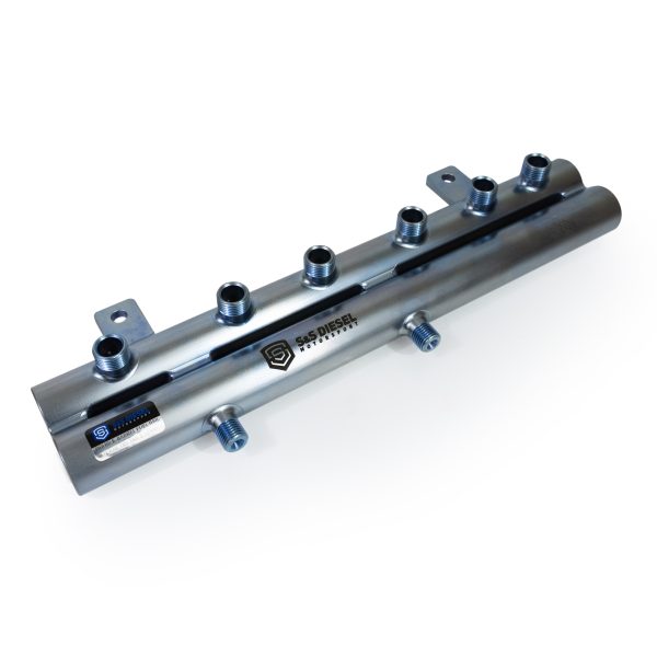S&S Diesel Double-Barrel Fuel Rail RAIL-DBL-BRL - three-quarter view, bare rail (no caps)