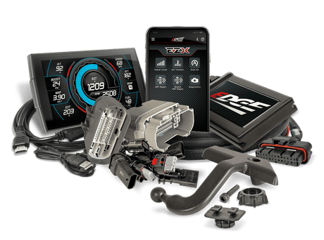 Edge EZX and Insight CTS3 kit for 2022.5-2025 GM 1500 3.0L Duramax, showing the CTS3 monitor, EZX module, A-pillar mount, wiring harness and cables