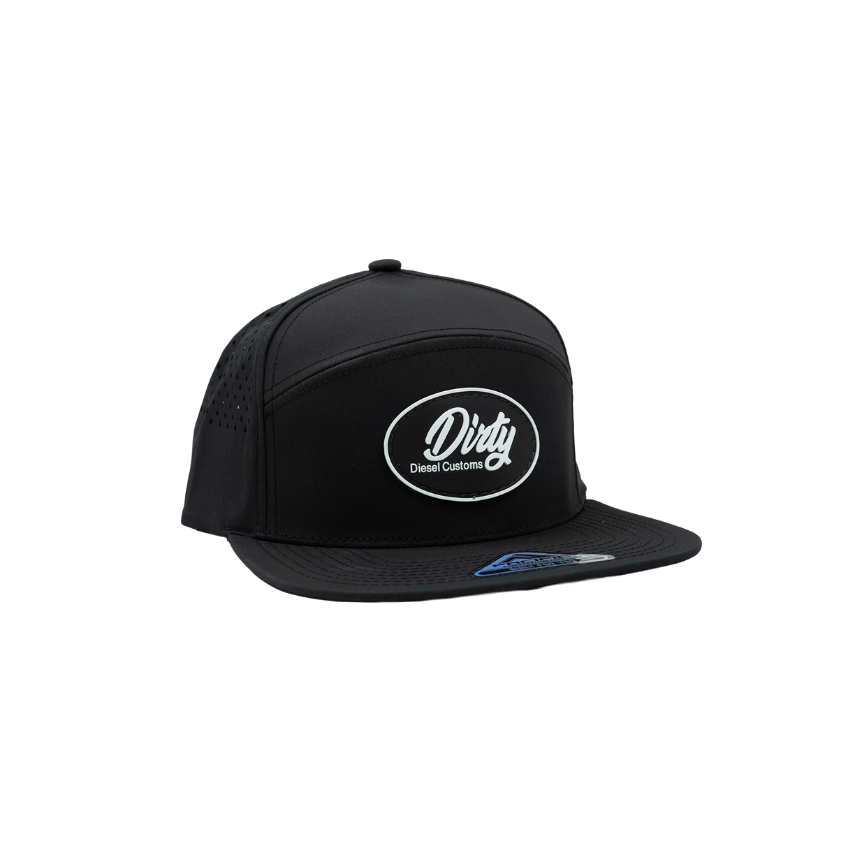 Dirty Diesel Weekender snapback in black, front view with silicone Dirty patch