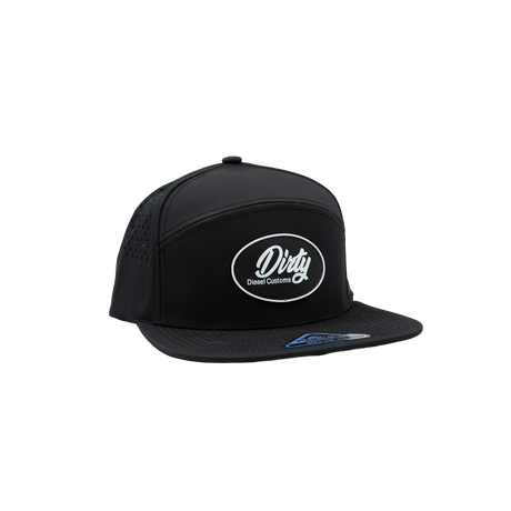 Dirty Diesel Weekender snapback in black, front view with silicone Dirty patch