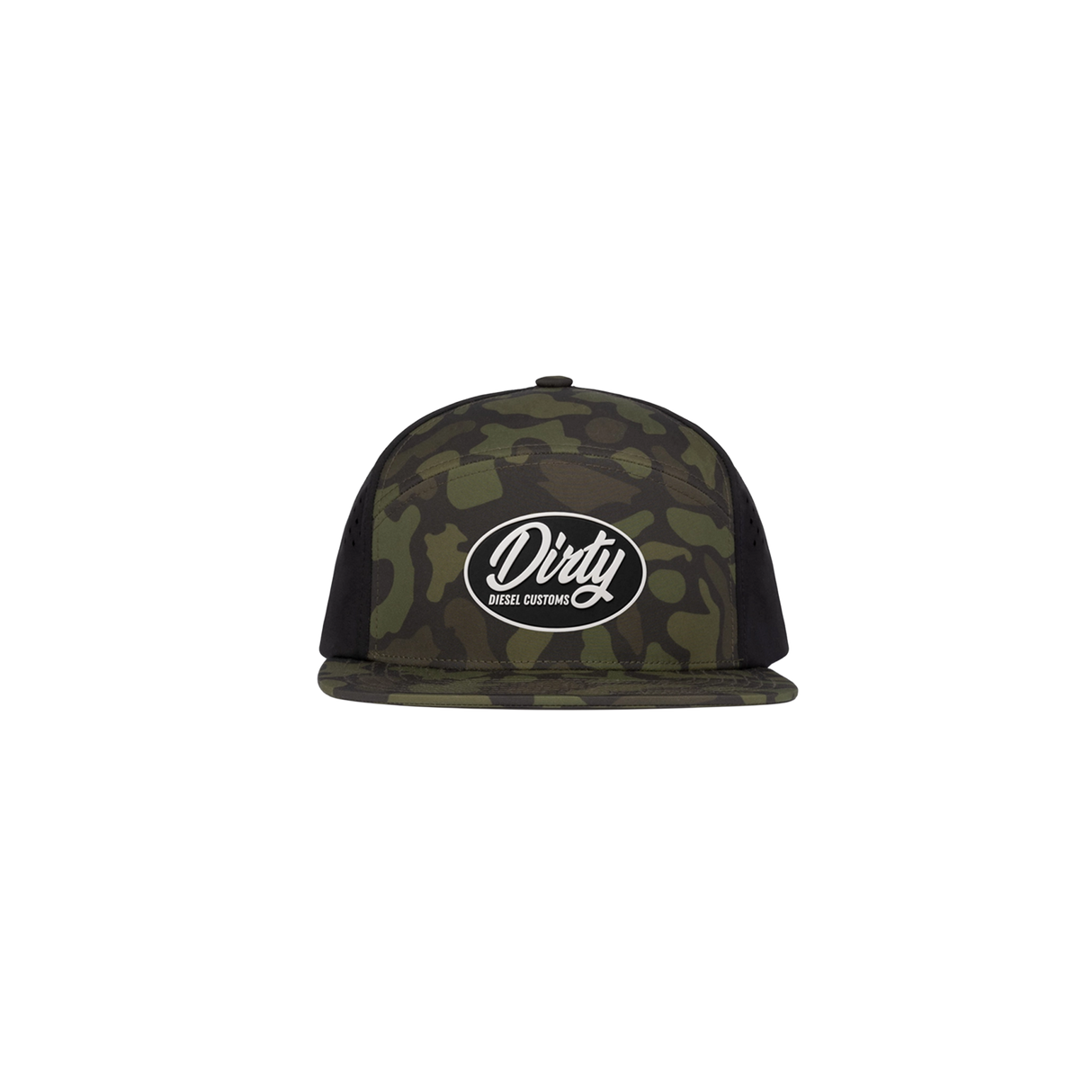Dirty Diesel Weekender snapback in woodland camo, angled view showing perforated side panels