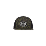 Dirty Diesel Weekender snapback in woodland camo, angled view showing perforated side panels