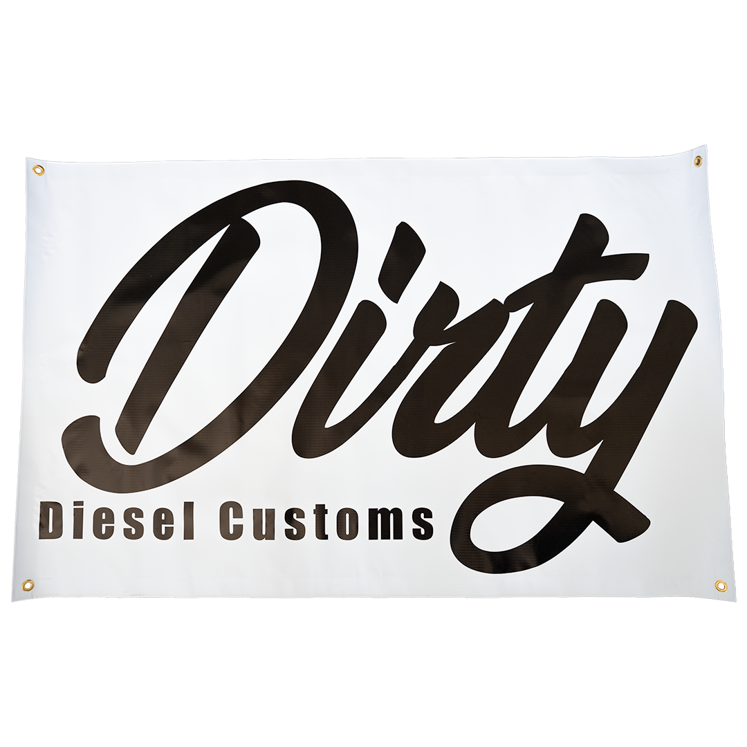 Dirty Diesel Customs shop banner, black Dirty script logo on white with metal grommets