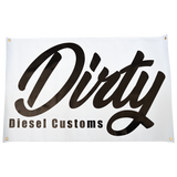 Dirty Diesel Customs shop banner, black Dirty script logo on white with metal grommets