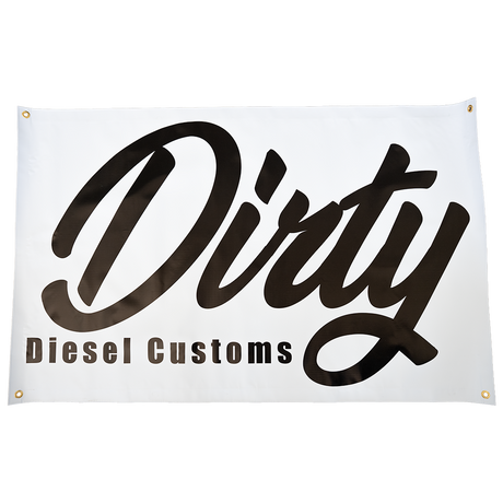 Dirty Diesel Customs shop banner, black Dirty script logo on white with metal grommets