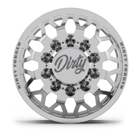 Dirty Forged Crown dually wheel set, front wheel, face-on view