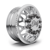 Dirty Forged Crown dually wheel set, front wheel, angled view