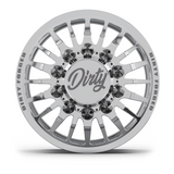 Dirty Forged Radium dually wheel set, front wheel, face-on view