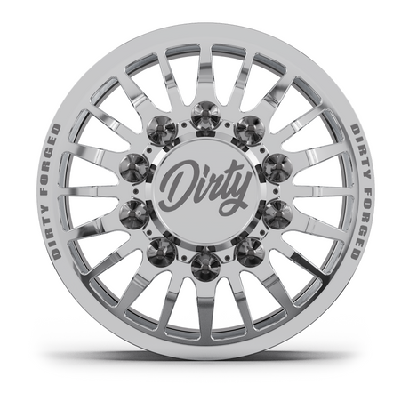 Dirty Forged Radium dually wheel set, front wheel, face-on view