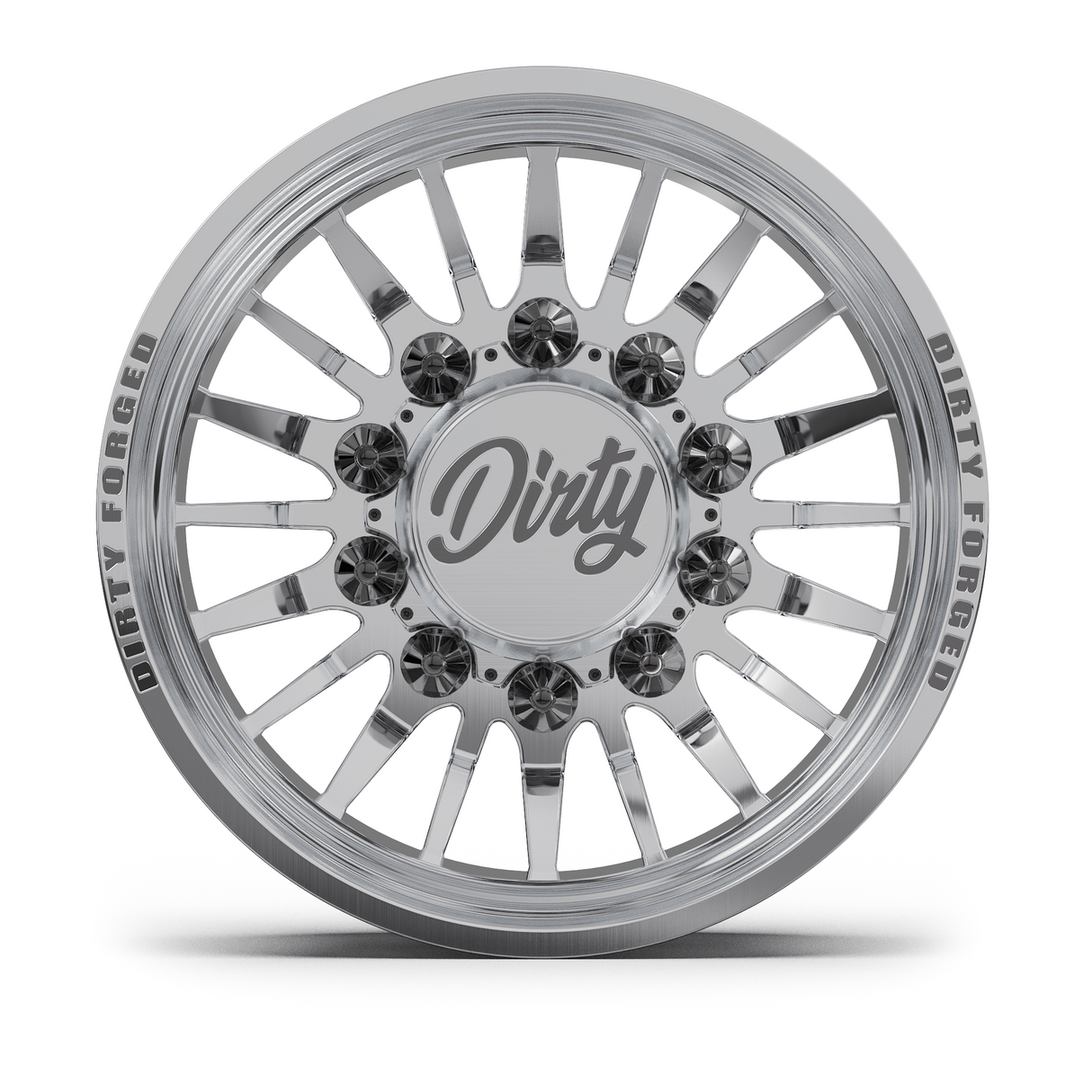 Dirty Forged Radium dually wheel set, rear wheel, face-on view