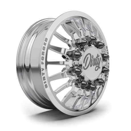 Dirty Forged Radium dually wheel set, front wheel, angled view