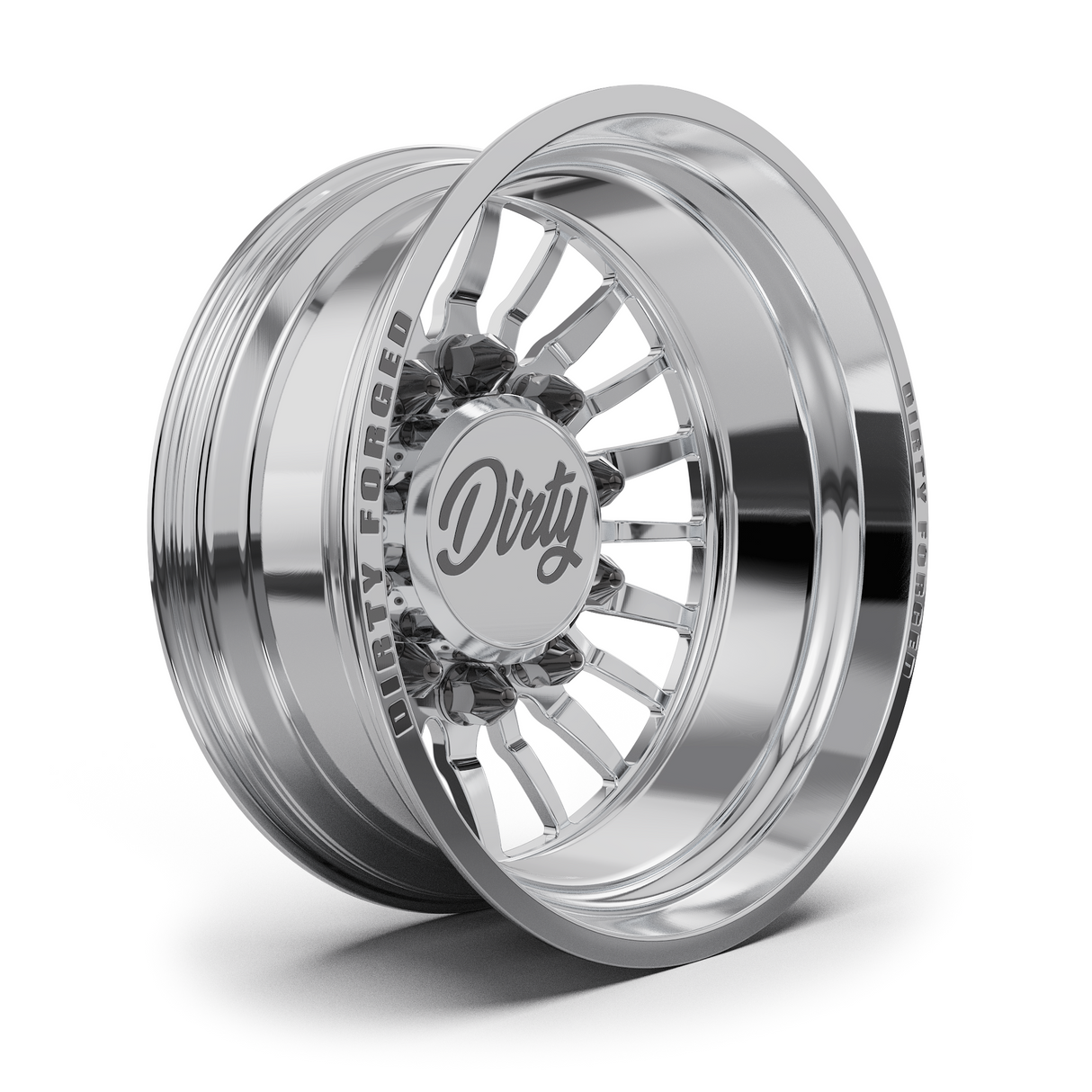 Dirty Forged Radium dually wheel set, rear wheel, angled view