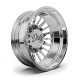 Dirty Forged Radium dually wheel set, rear wheel, angled view