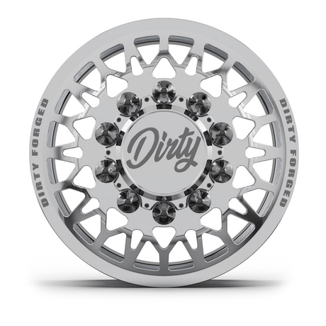 Dirty Forged Variant dually wheel set, front wheel, face-on view