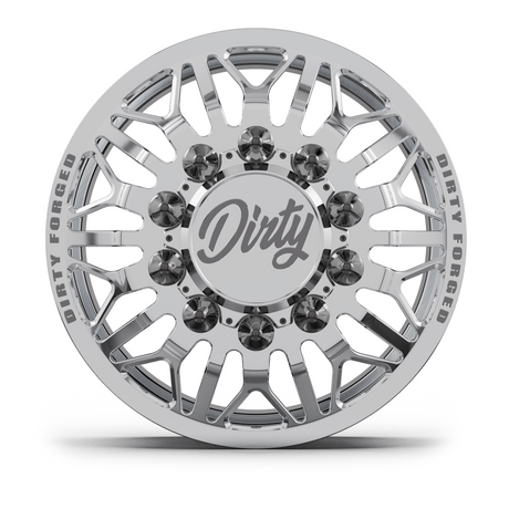 Dirty Forged Voyager dually wheel set, front wheel, face-on view
