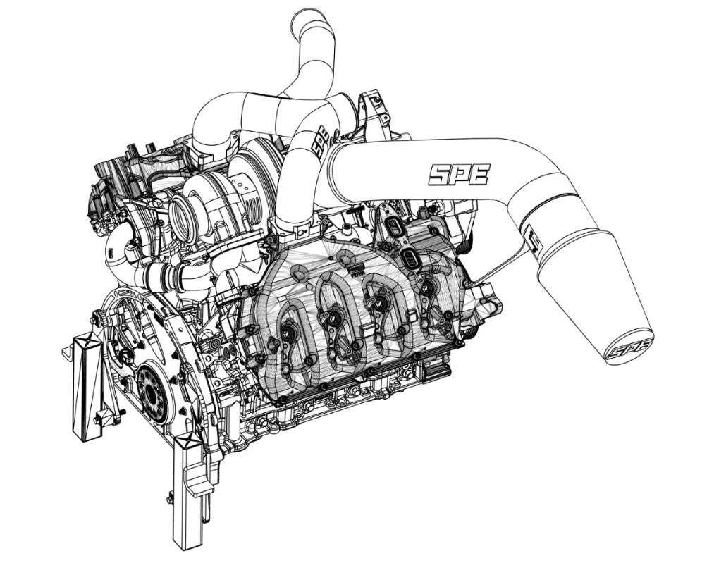 2020-2026 Powerstroke SPE S400 Emperor Turbo System line drawing on 6.7L engine