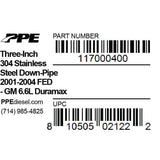 2001-2004 Duramax 3" Stainless Steel Downpipe (117000400)-Downpipe-PPE-Dirty Diesel Customs
